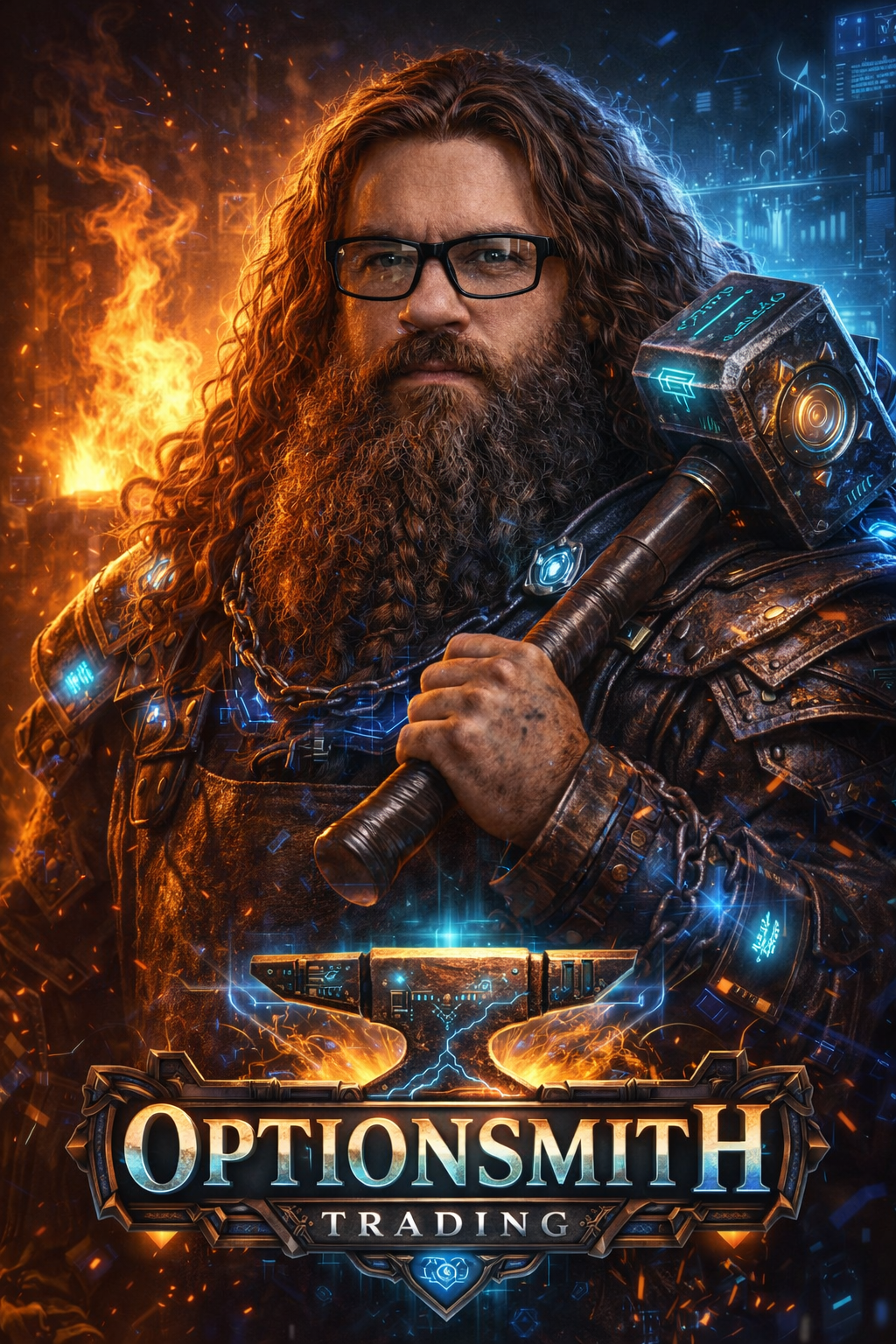 Illustration of the Optionsmith mascot, a stout dwarf with a swirling beard