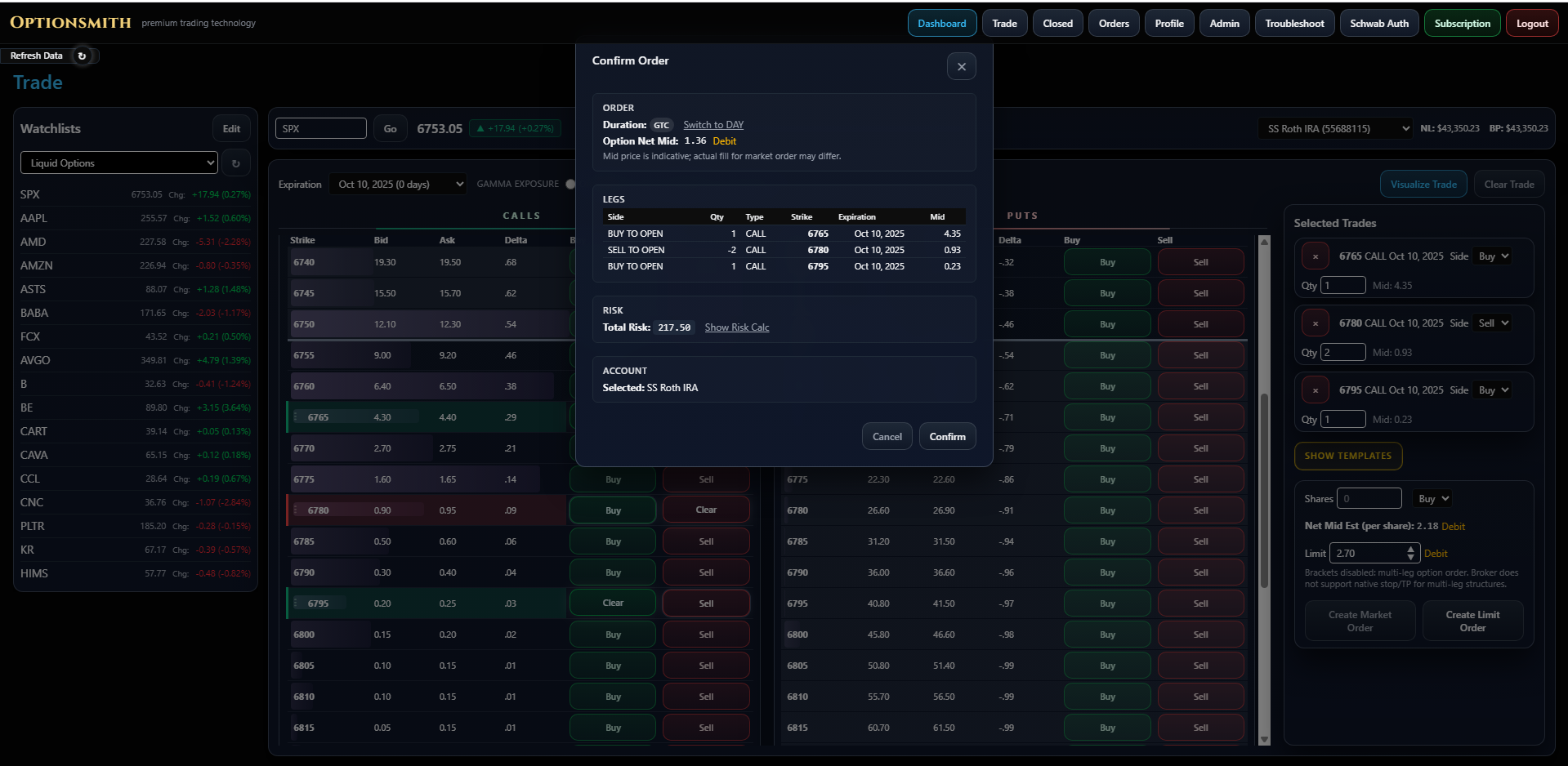 Order confirmation modal showing detailed breakdown of a multi-leg options strategy with risk metrics and trade validation